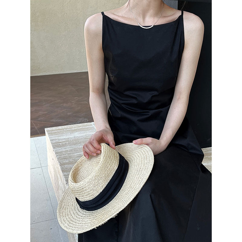 French temperament one-word collar waist thin dress women's summer new simple Muse fan
