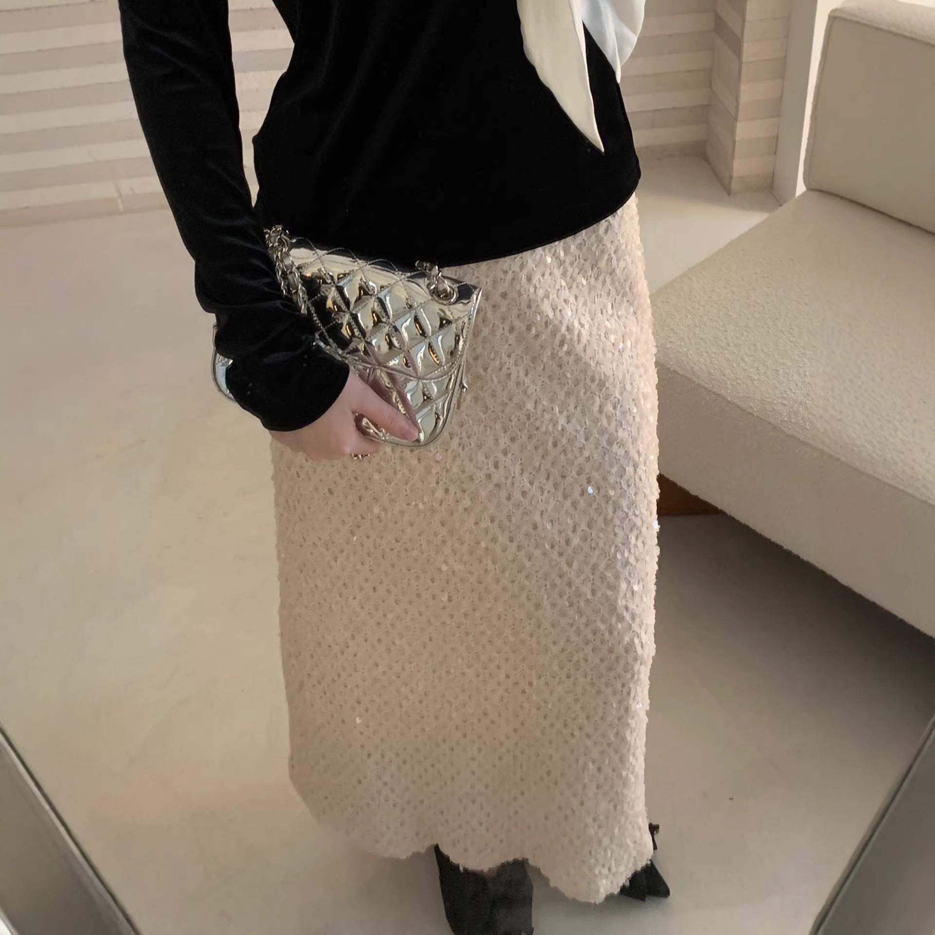 Temperament Annual Meeting atmosphere Skinny heavy industry sequined skirt