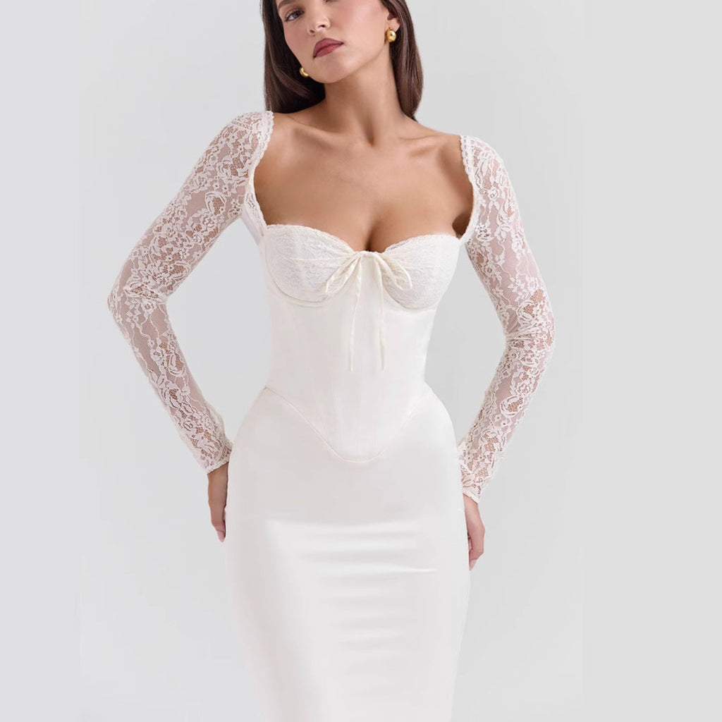 Long skirt with open back lace-up slit