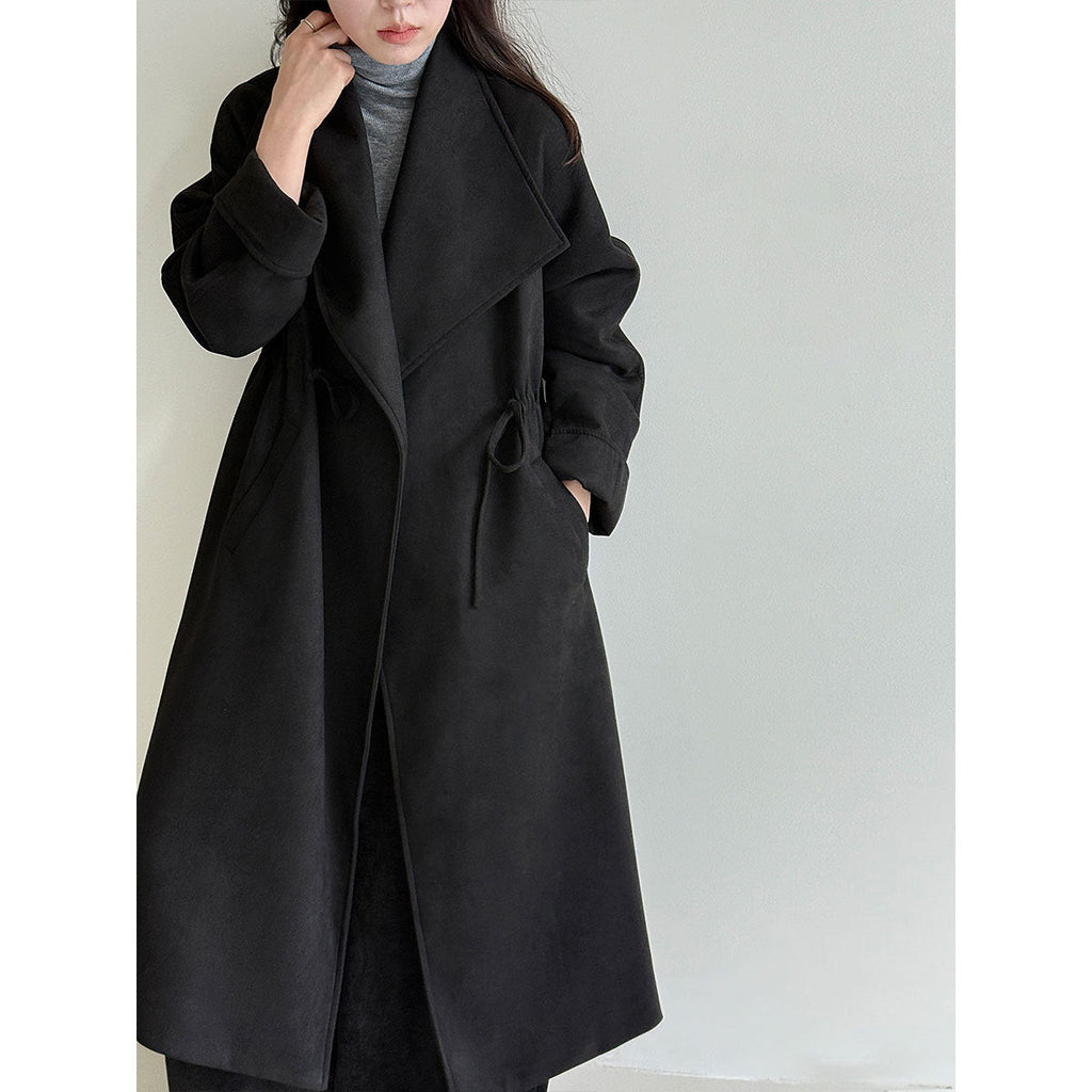 High-end silhouette long windbreaker relaxed drawstring plaid large lapel outwear women's autumnew arrival