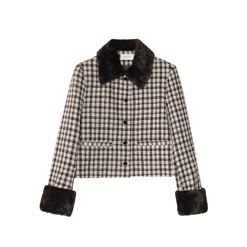 Retro exquisite fluffy lapel tweed short coat