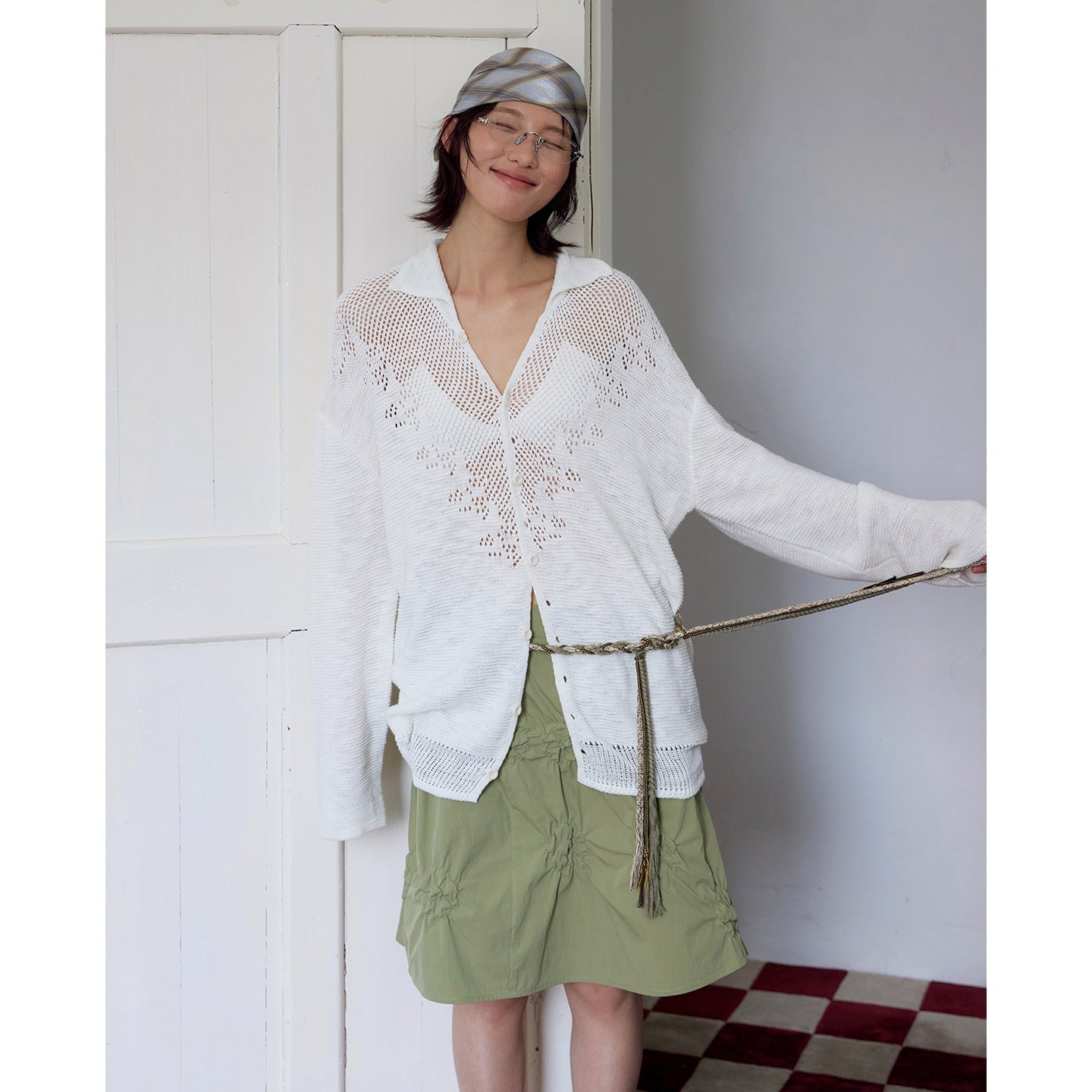 Hollow POLO neck sunscreen cardigan knitted sweater loose outer long-sleeved top