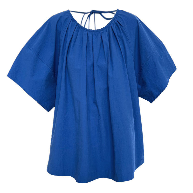 Korean back strap backless age-reducing shirt summer new pleated round neck short-sleeved shirt top
