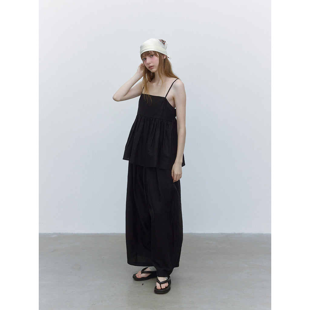 Summer casual double-root split ramie hollow solid color simple suspender top