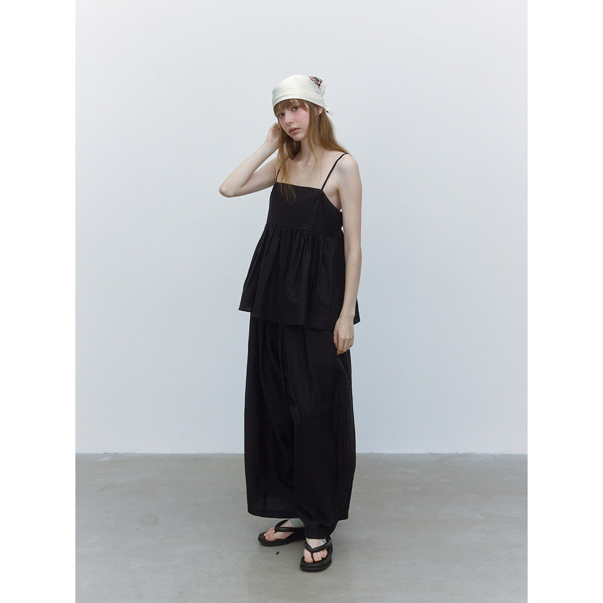 Summer casual double-root split ramie hollow solid color simple suspender top