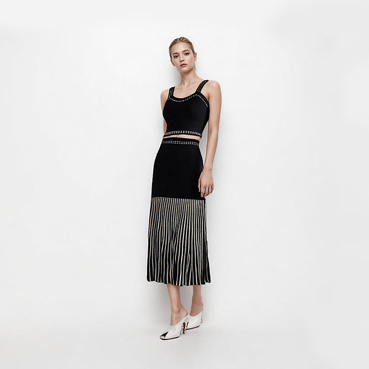 Sleeveless Two-Piece Set Women Hollow Beaded Vest Top Skirt Suit