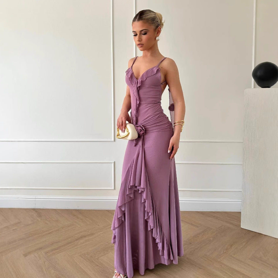 New fashion ruffle leaf edge three-dimensional flower suspender skirt Spice girl sexy dress women