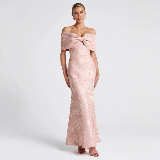 Fashion bow one-word shoulder tube top long dress sexy yuan style dress evening dress