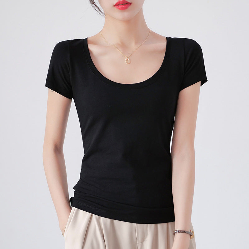 Round Neck Short Sleeve T-Shirt Women Slim Fit Cotton Base Layer Top