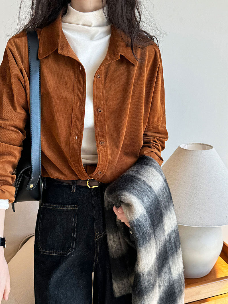 Japanese minimalist thickened brushed corduroy shirt for women