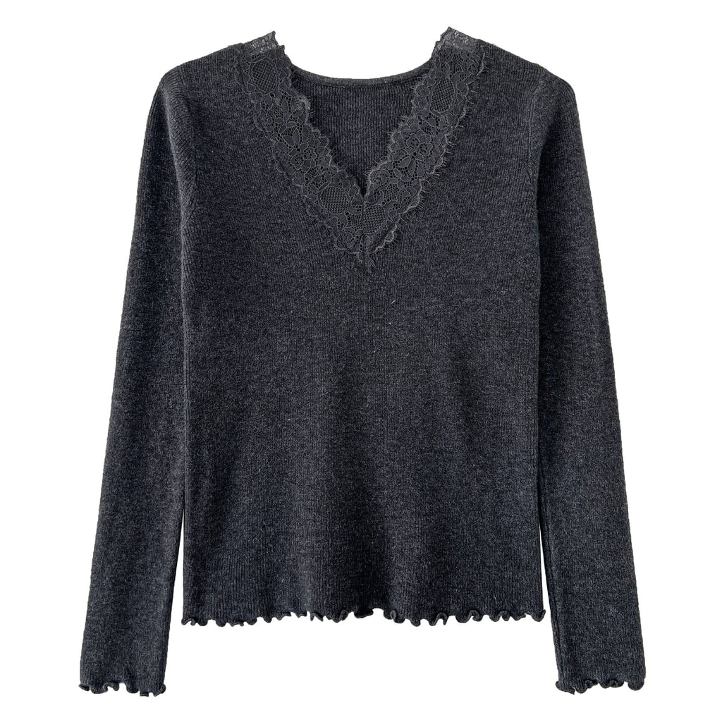 French slim temperament lace v-neck thin inner women's winter new inner versatile knitting