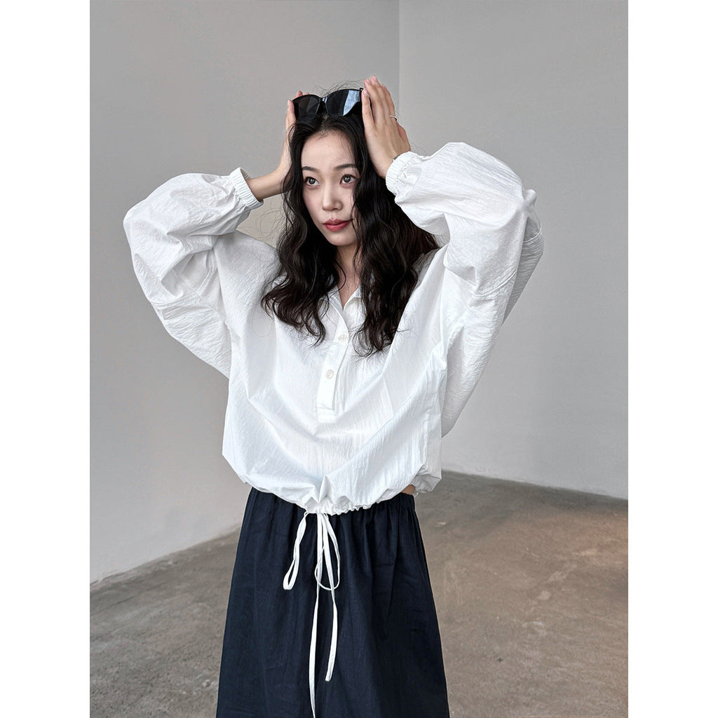 Early autumn new Korean casual pullover lapel shirt women's loose hem drawstring waist top