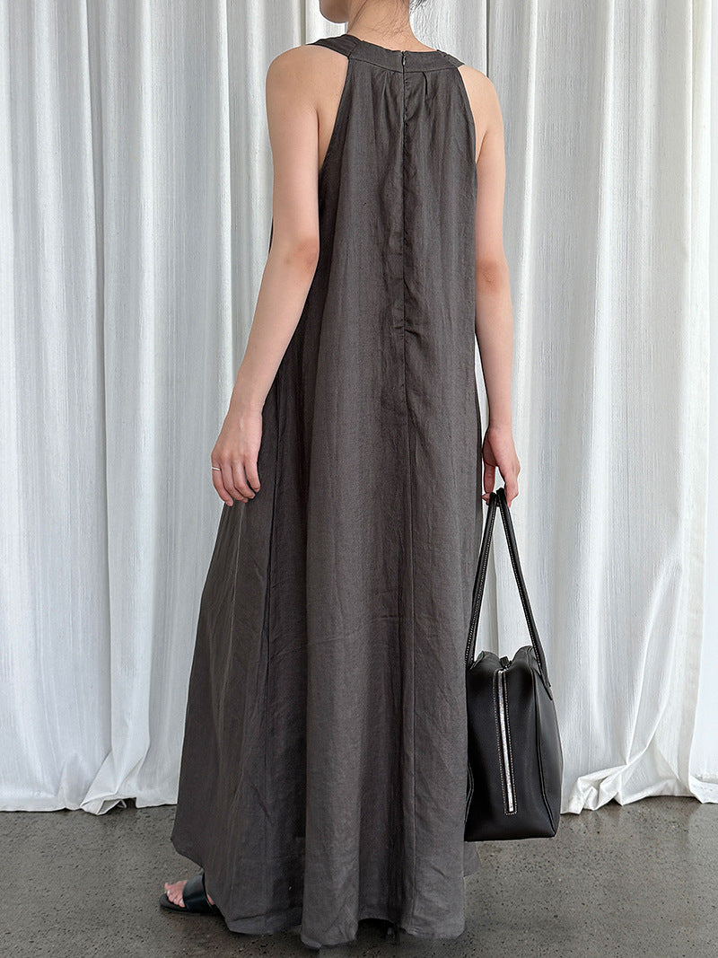 Korean chic niche design v-neck tank dress - new summer collection - 100% ramie waist-cinching dress