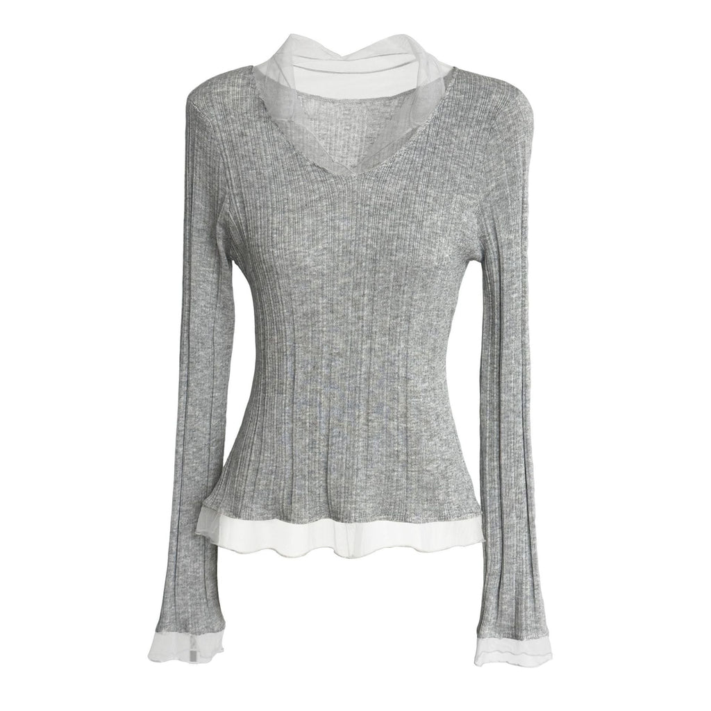 Korean mesh splicing V-neck knitted bottoming shirt women's early spring wool thin pit strip T-shirt