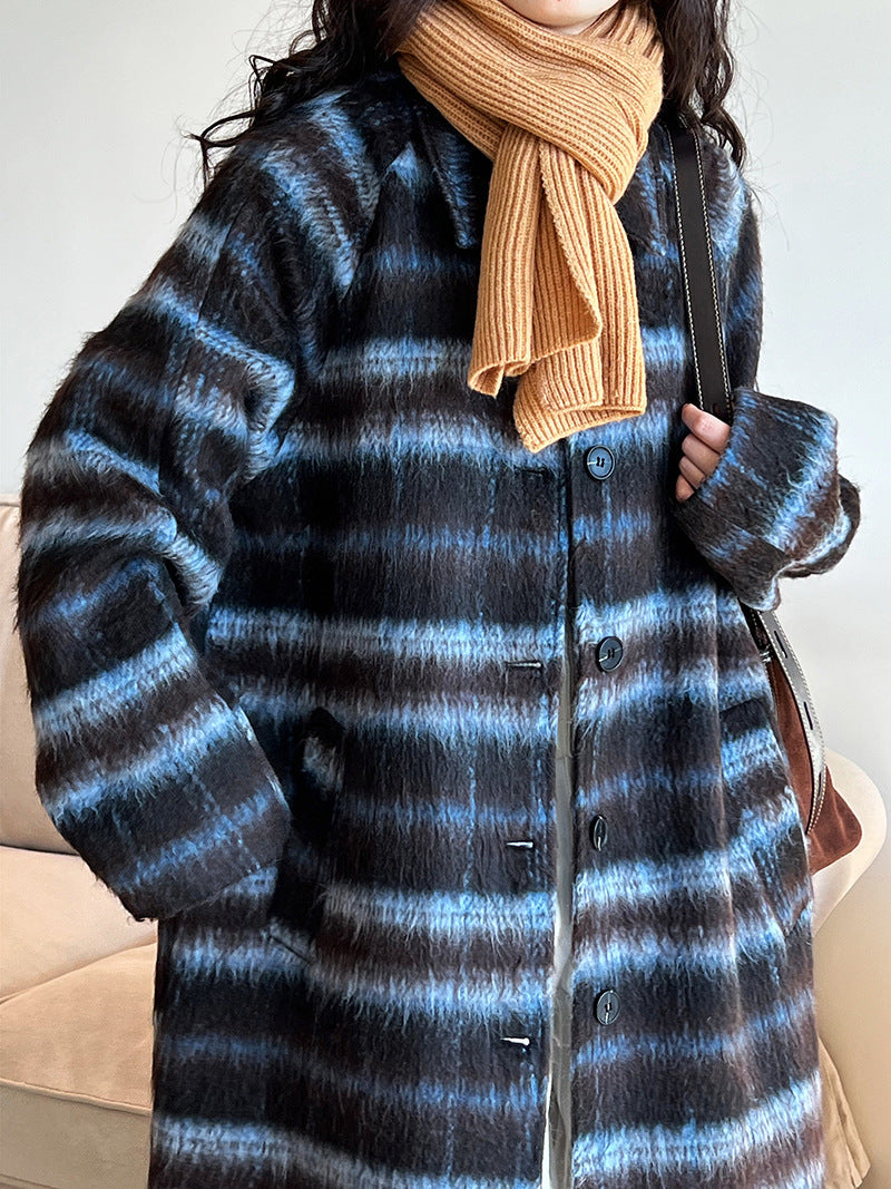 Fall and winterk-style 30% wool woolenoutwear women's medium longthickened over-the-knee quilted plaid coat