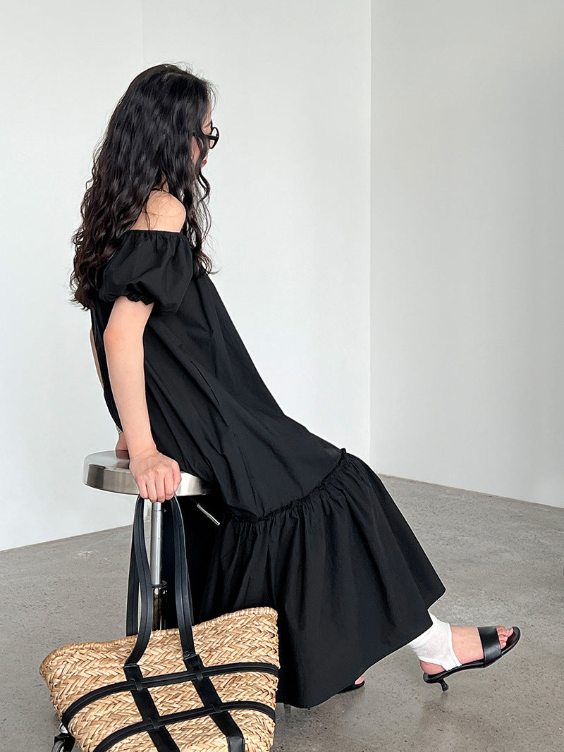 Korean version of the sweet dress summer new bubble sleeve suspender skirt one-word shoulder holiday style dress
