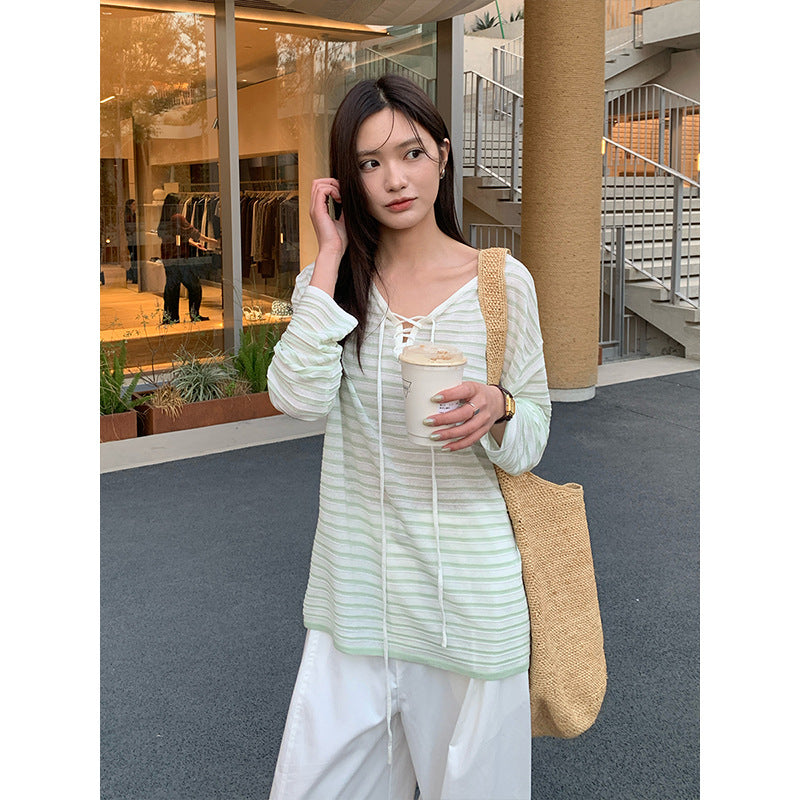 Korean striped contrasting knitted blouse