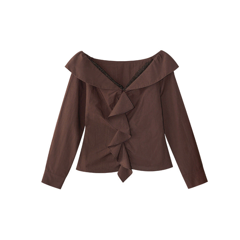 French Sweet Lace V-Neck Long Sleeve Ruffle Shirt