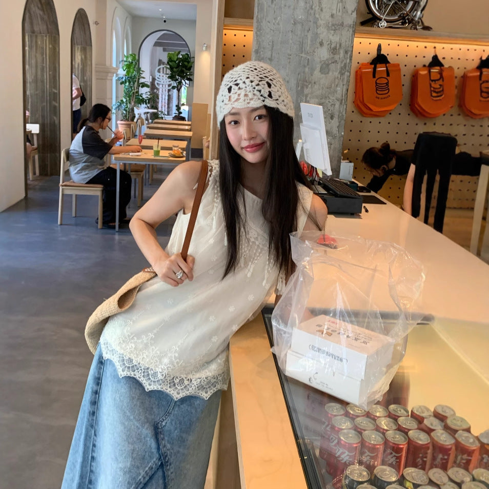 Sweet age-reducing lace fringed lace sling top