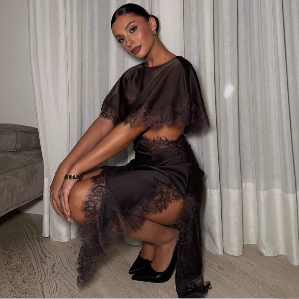 Fashion Sexy Irregular Satin Skirt Lace Splicing Hollow Spice Girl Dress
