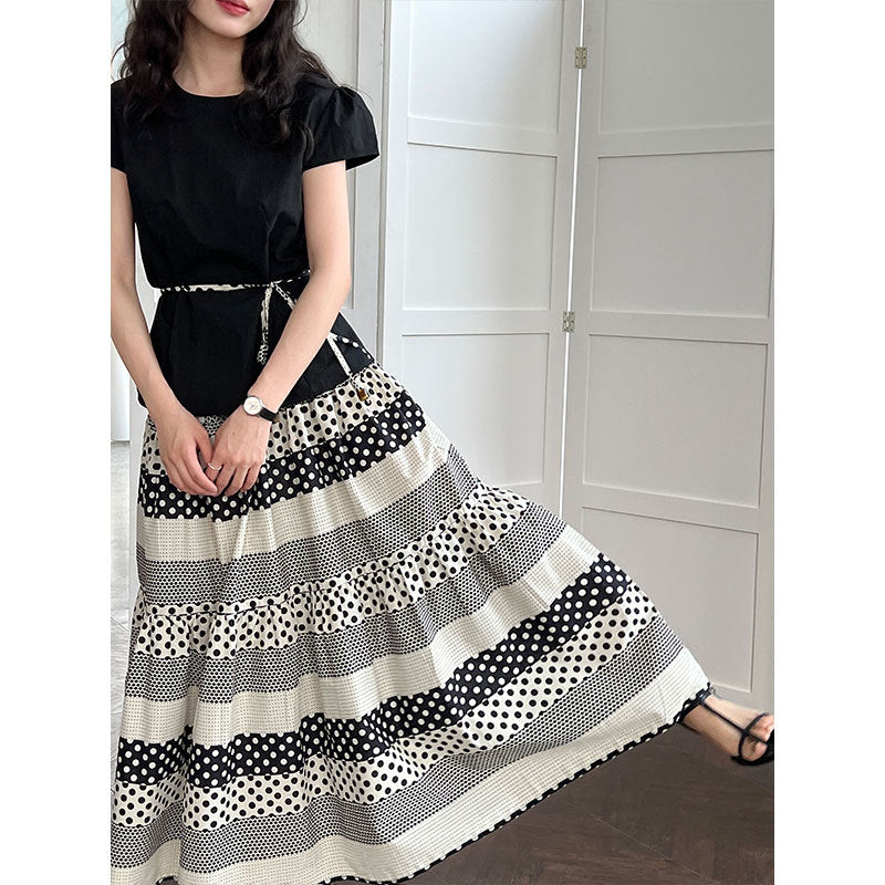 Korean simple flying sleeve top summer new polka dot contrasting color splicing skirt set