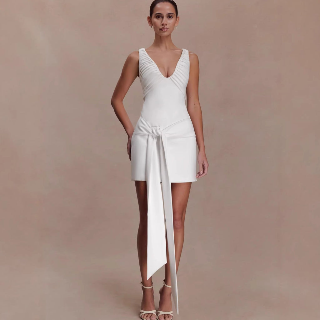Neck deep V-neck streamer dress sexy slim-fit backless hip skirt vacation skirt