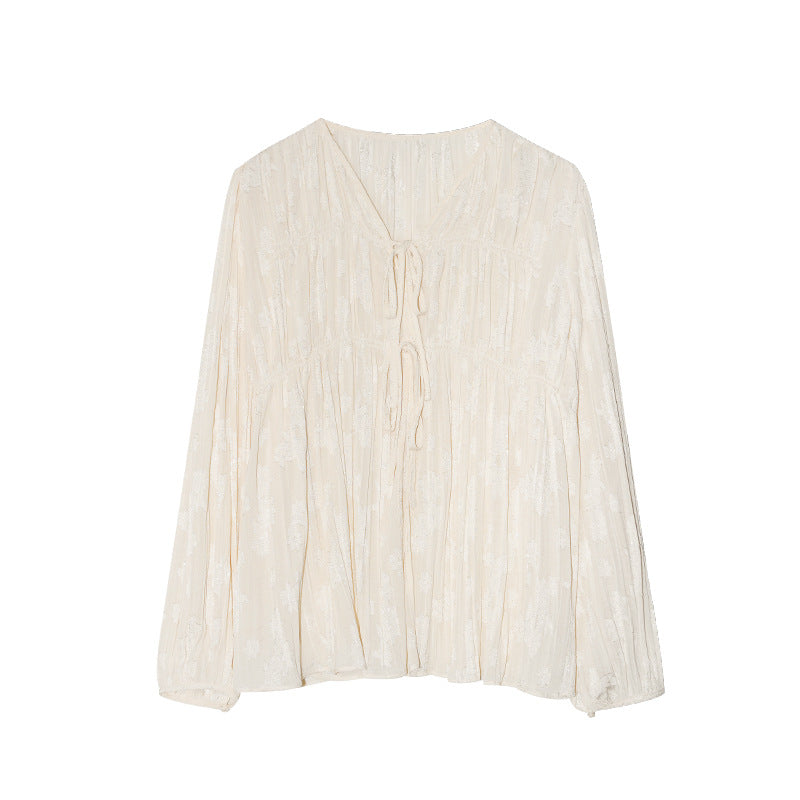 Lace-up V-neck pleated puff sleeves loose slimming shirt