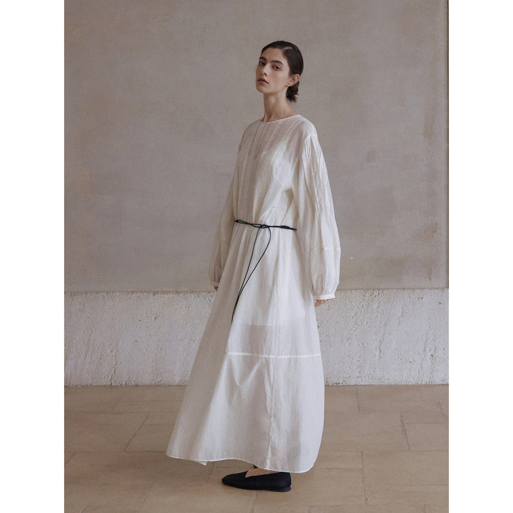 Autumn new round neck perspective see-through cable rear mid-split slightly shoulder-drop dress
