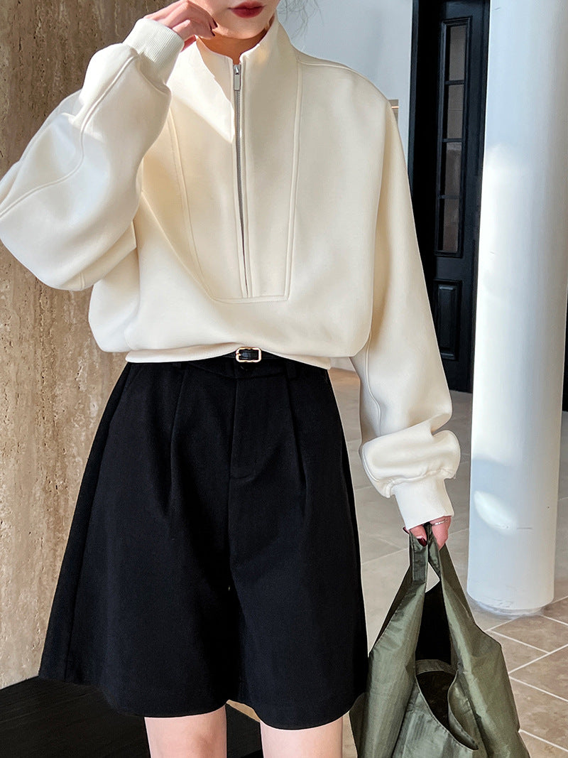 Half zipper sweater women's high-end spring wear new Korean casual sports high-waisted top
