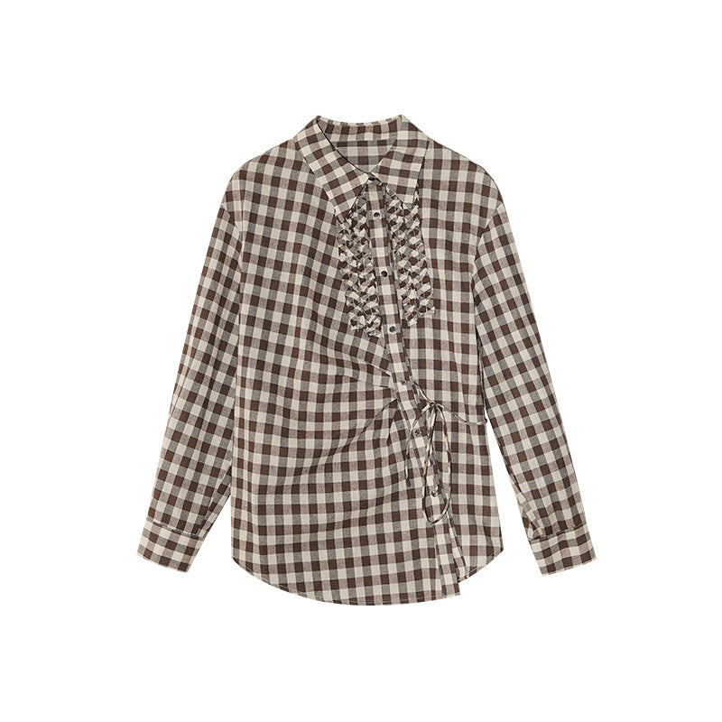Temperament lace-up slanted placket long-sleeved plaid shirt