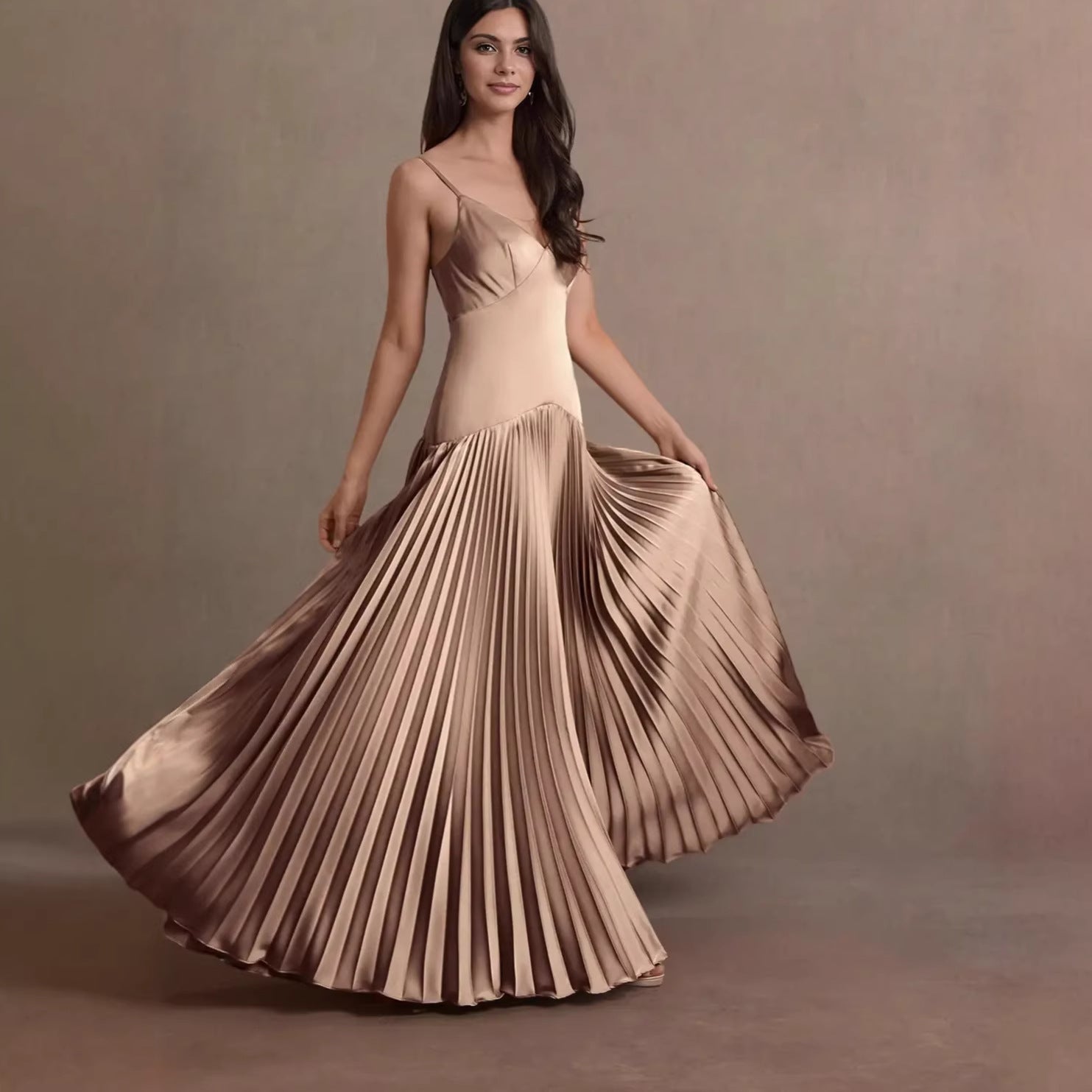 Fashion French Elegant Suspender Skirt Slim Pleated Skirt Evening Dress Dress Long