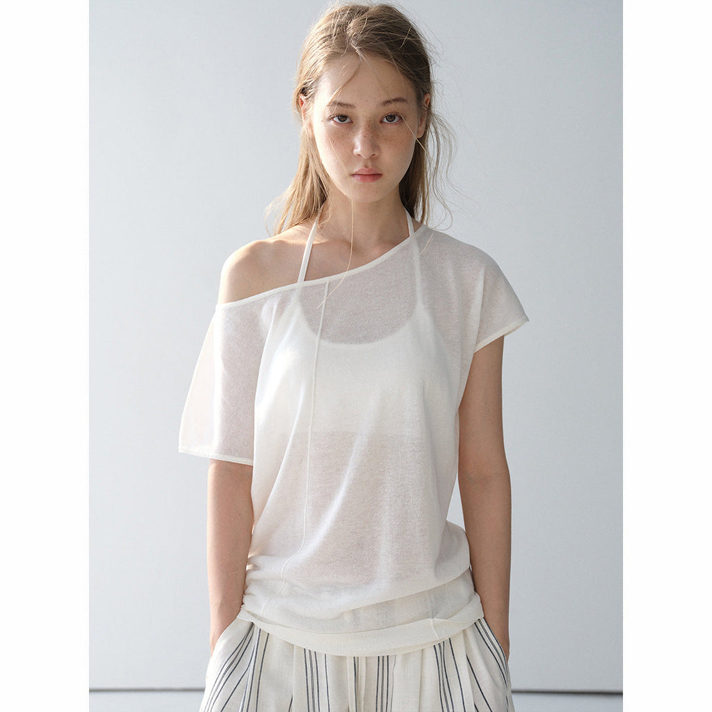 Summer new casual super cool hemp boat collar shoulder Tencel light knitted bottoming shirt