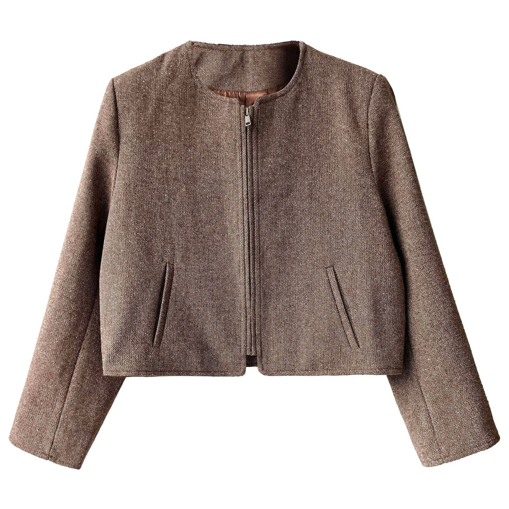 Korean wool woolen round neck small fragrant short coat women's 2025 autumn new zipper jacket top 8698