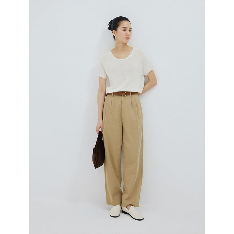 High-waisted straight-leg meat-covering and thin casual pants with belt