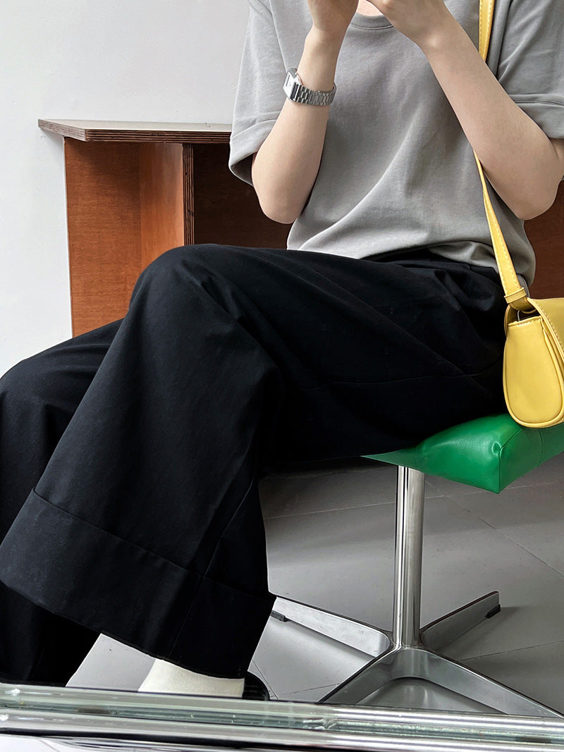 Big Pant Leg~ Washed Cotton Suit Pants Long Pants Women's Summer Skinny Meat Cover Casual Curled Wide Leg Pants