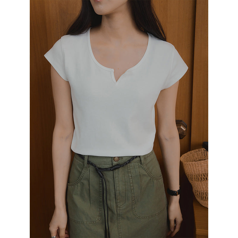 V-mouth round neck small flying sleeves skin-friendly short-sleeved T-shirt women's top