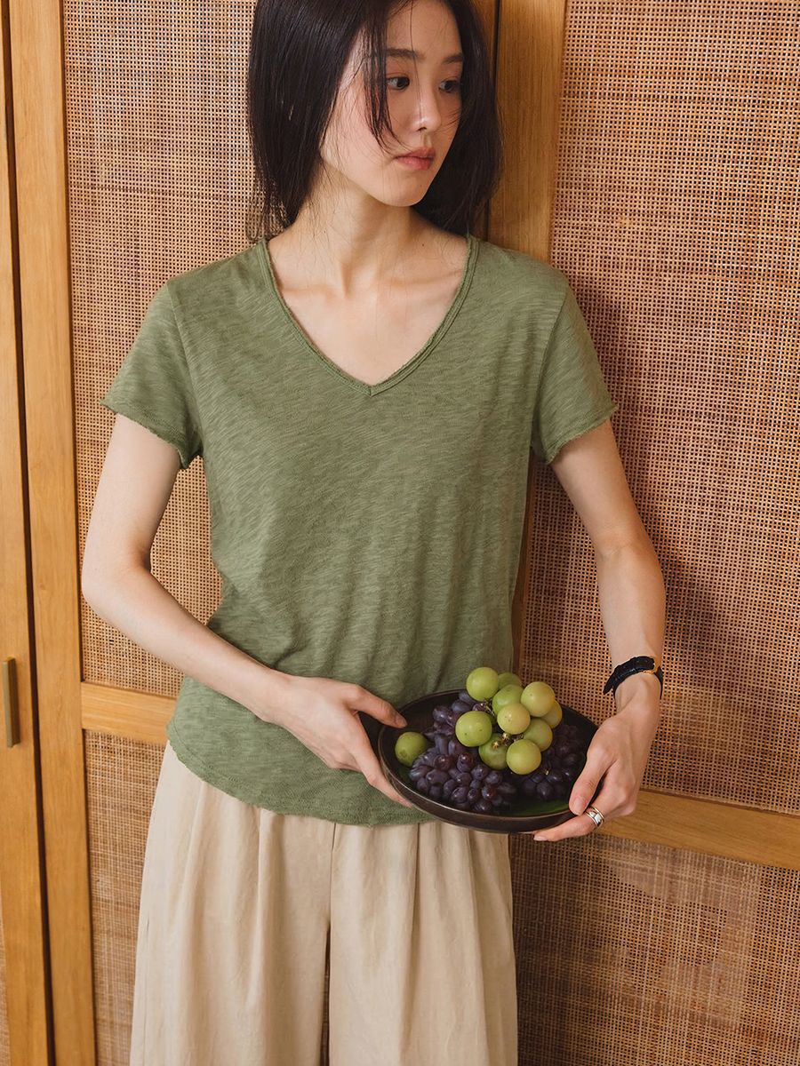 Lazy and relaxed bamboo joint texture soft waxy skin-friendly short-sleeved T-shirt