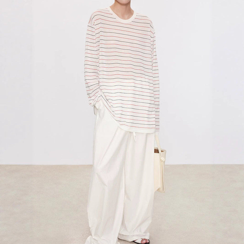 Striped Sweater Set Women Loose Fit Round Neck Long Sleeve Triacetate Cotton
