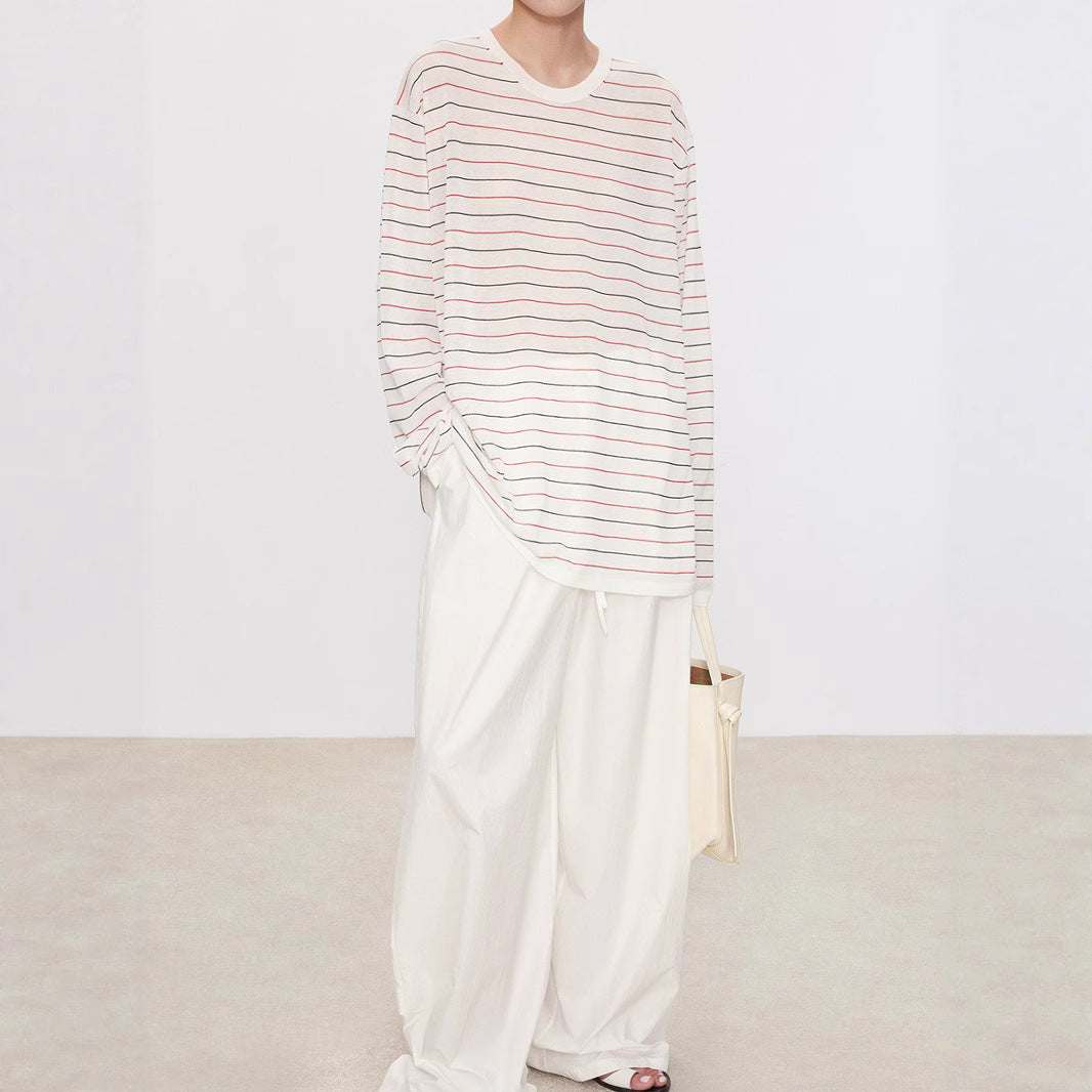 Striped Sweater Set Women Loose Fit Round Neck Long Sleeve Triacetate Cotton