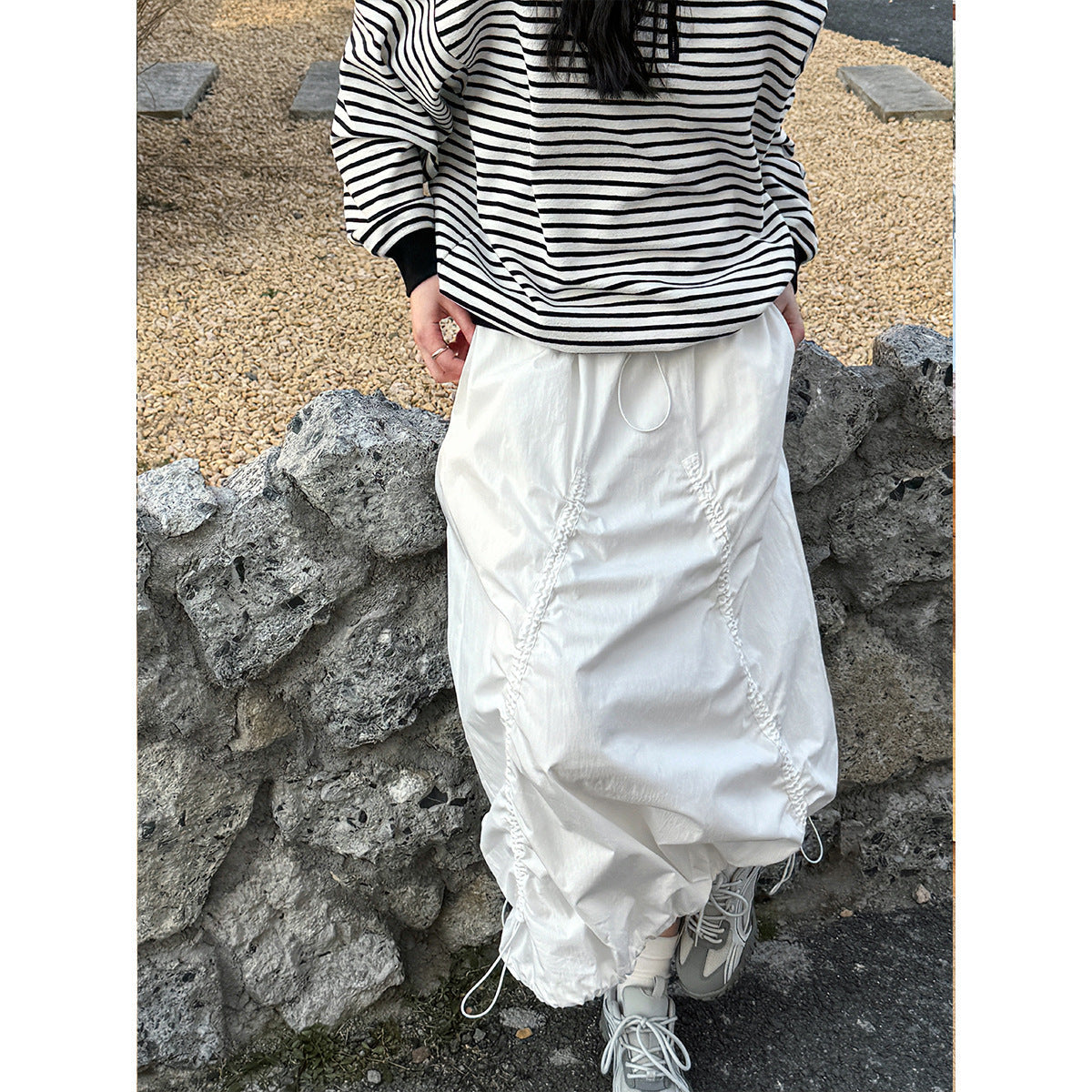 Japanese vintage drawstring cargo skirt women's spring new street A-line large pendulum skirt