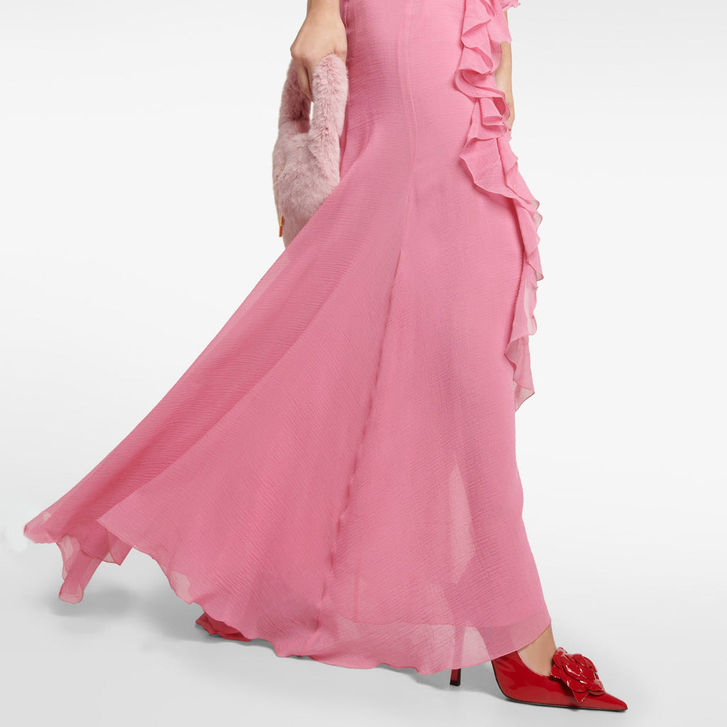 Split fork deep V neck suspender skirt backless pink ruffle edge long skirt