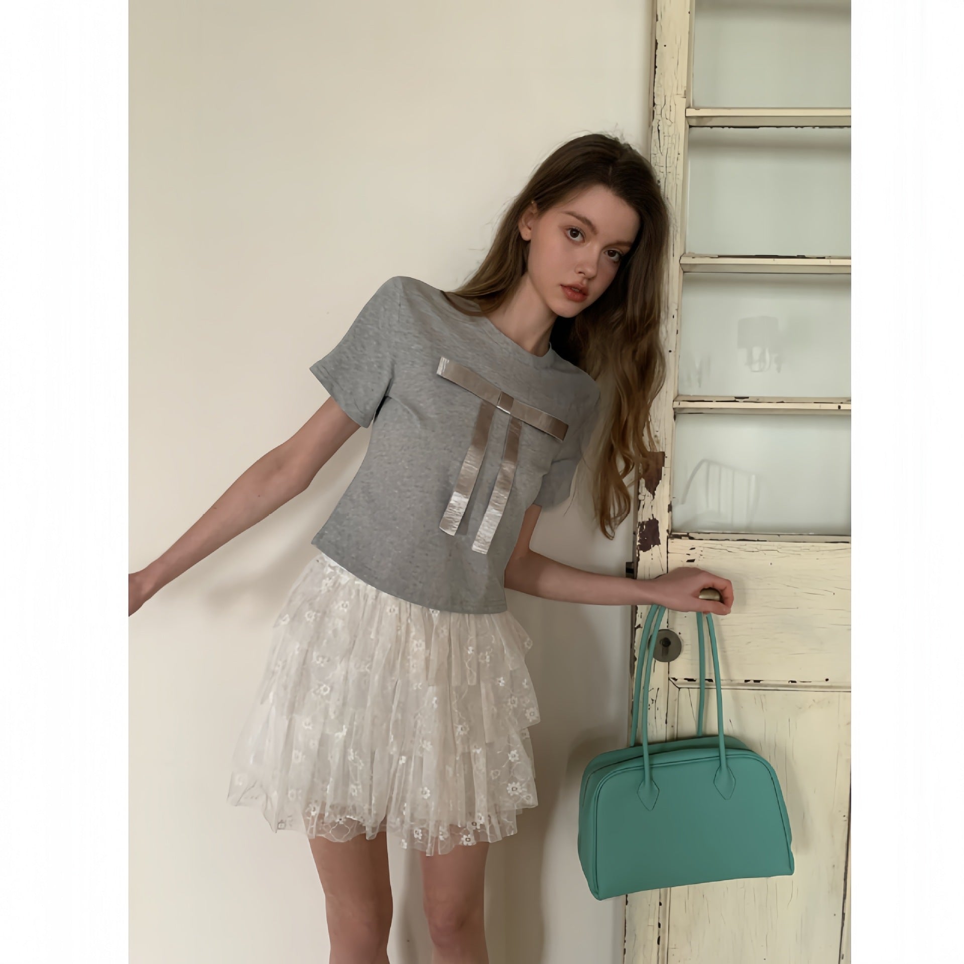 Early spring French slimming versatile slim bow short-sleeved T-shirt