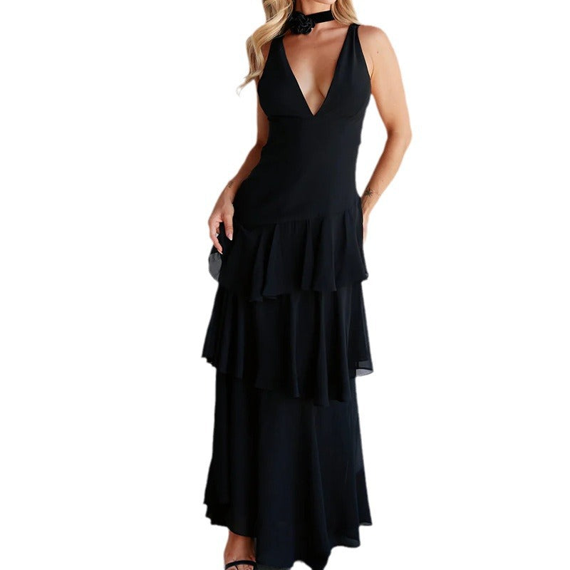 Fashion sexy long dress backless French suspender dress high waist cake dress light luxury pleated