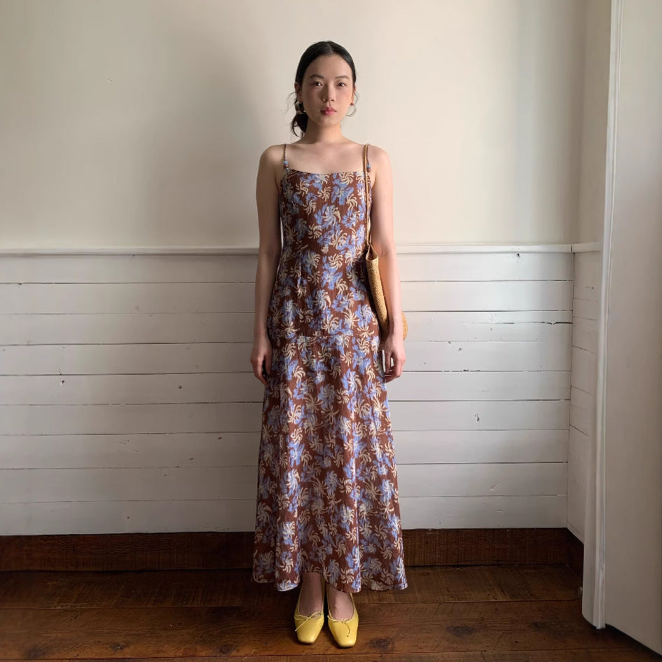 Holiday backless suspender floral dress long dress