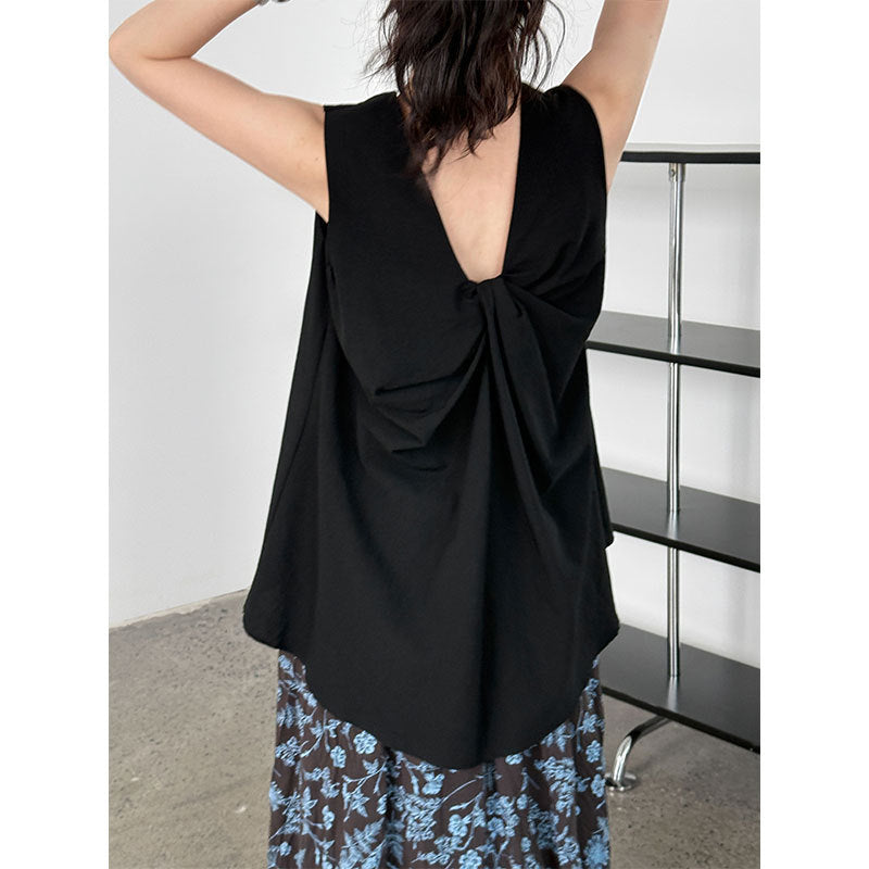 French crew neck design three-dimensional kinked vest top women's summer new loose and thin shirt