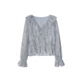 Autumn French age-reducing waist design long-sleeved v-neck ruffle edge shirt