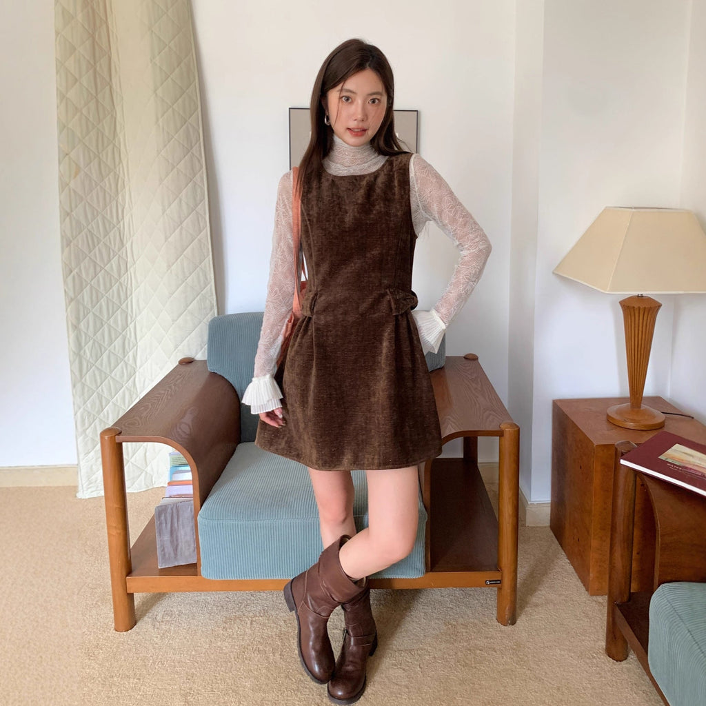 Sweet vintage velvet double bow waist vest dress