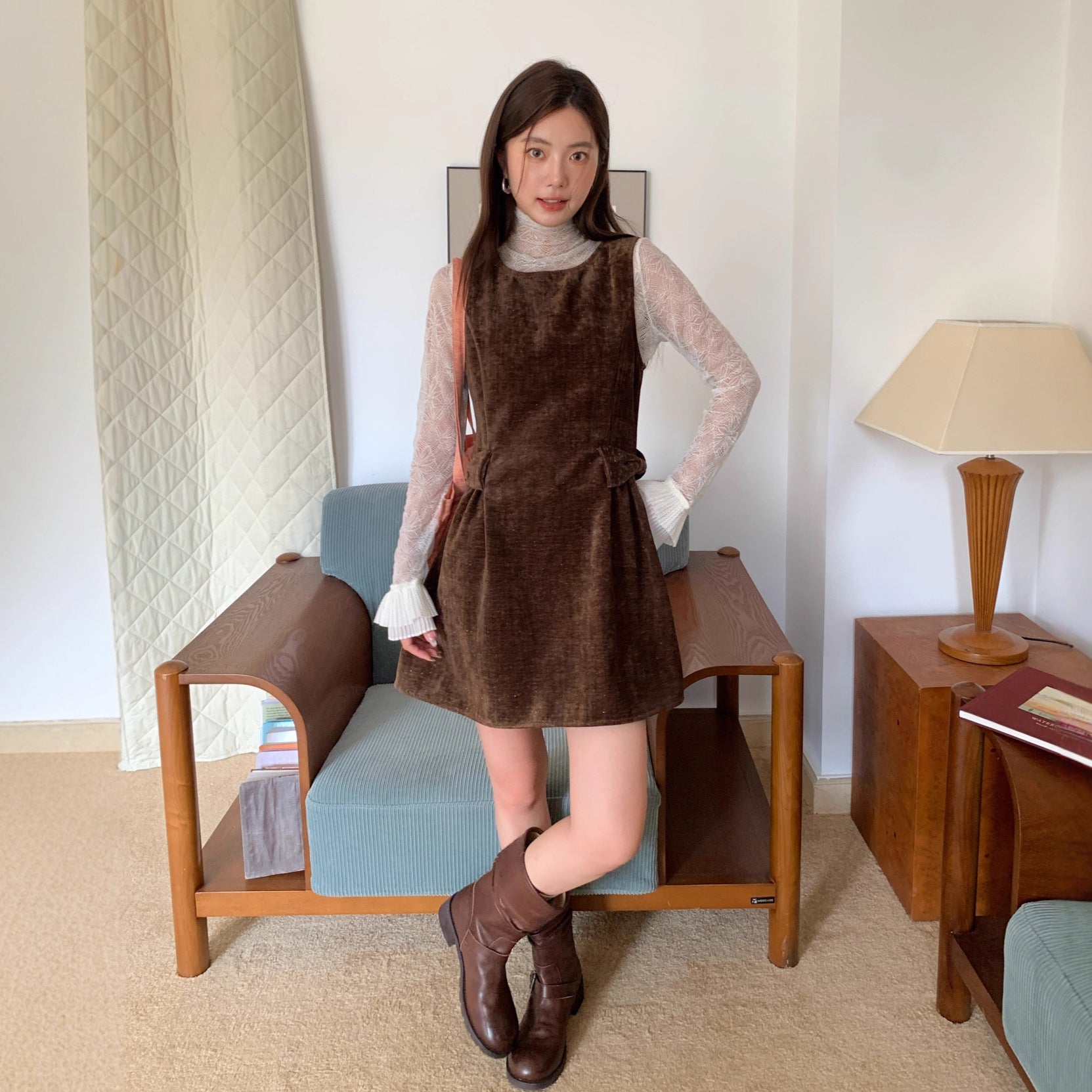 Sweet vintage velvet double bow waist vest dress