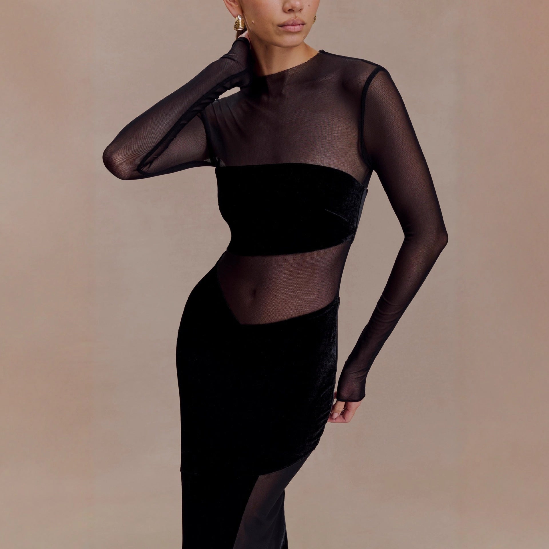 Fashion mesh hollowed-out splicing dress perspective sexy hottie long-sleeved autumn and winter dress