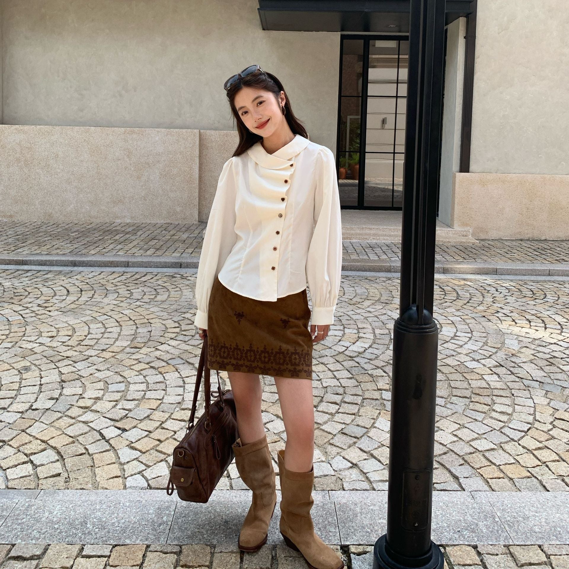 Irregular design waist lapel long-sleeved shirt